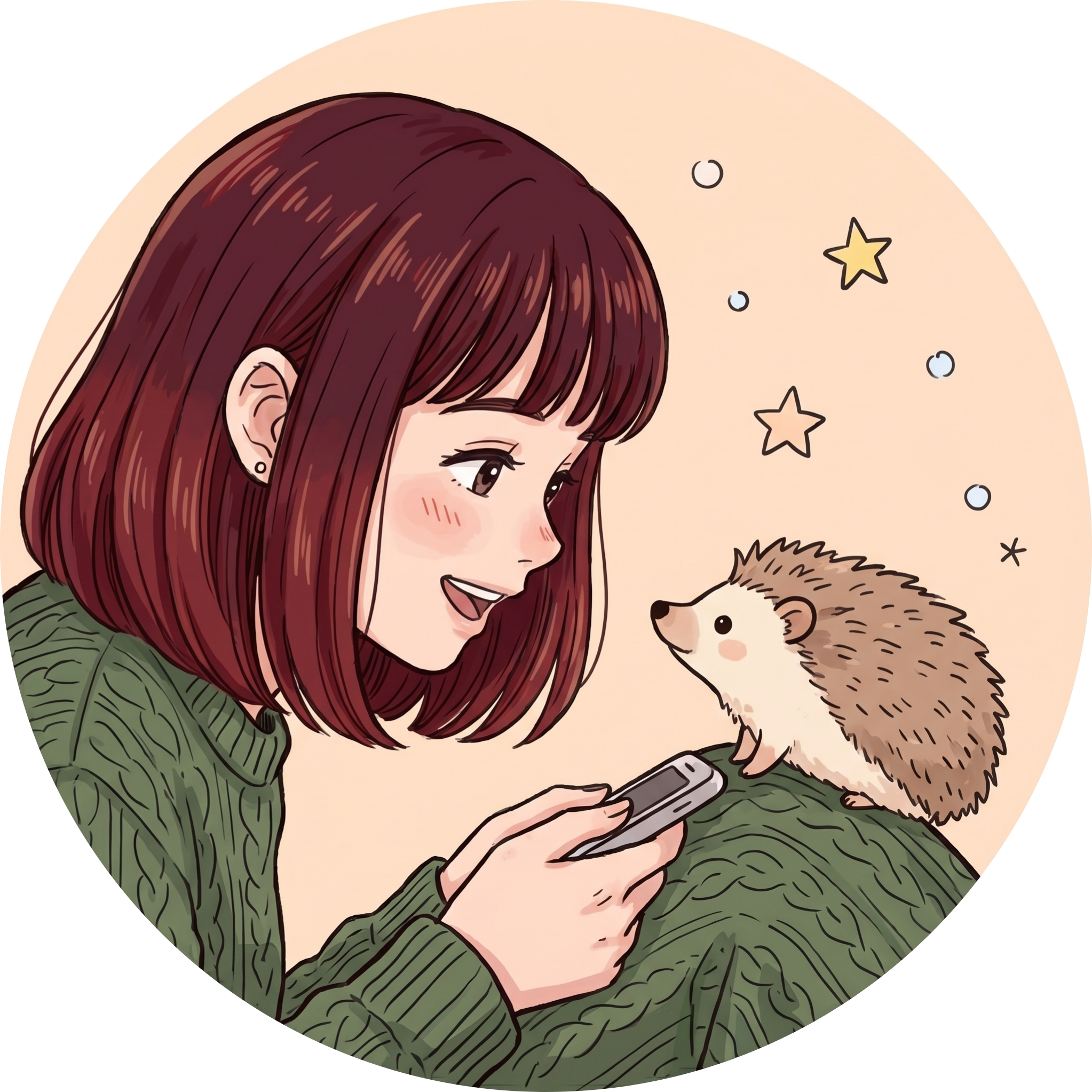 A girl smiling at her phone, surrounded by a Shiba Inu, a yellow canary, and a hedgehog — each with a Japanese animal-sound speech bubble.